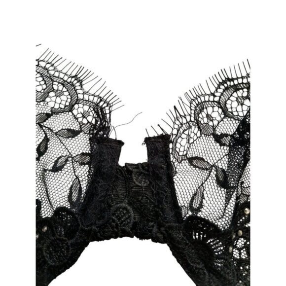 Elegant Black Lace Floral Unlined Demi Underwire Bra 32C Rhinestone Bling Mesh - Picture 3 of 8